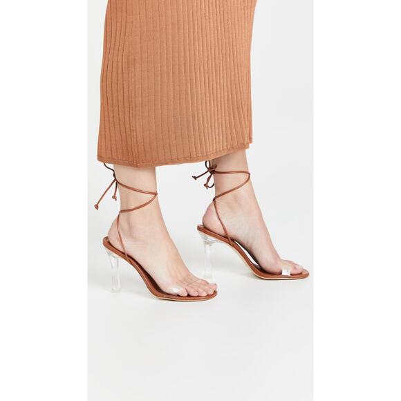 Larroude Gloria Heels Sandals Leather Vinyl Tie Ankle Straps Caramel Size 7.5 - Picture 1 of 9